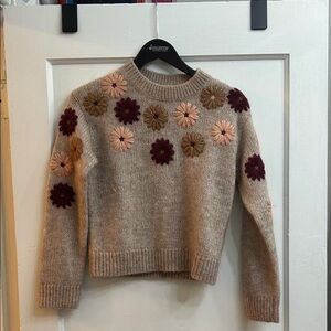 Sezane Floral Embroidered Sweater - Tan and Burgundy